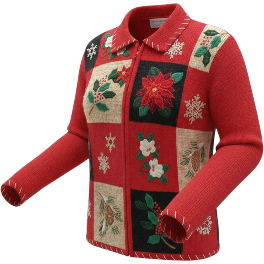 Vintage Christmas Sweater Poinsettia Snowflake Embroidered Ugly Holiday Size M